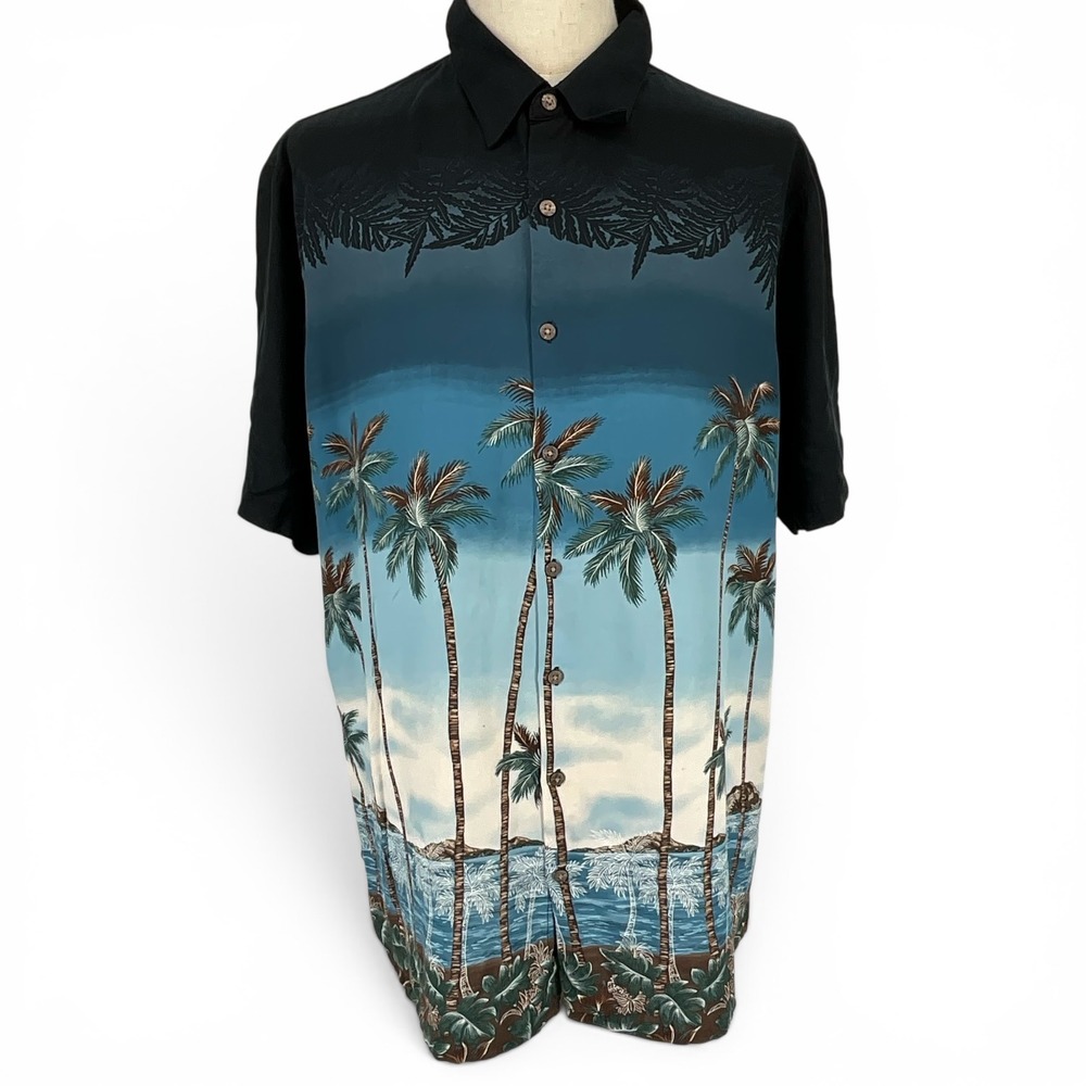 Batik Bay Mens 2XLT Hawaiian Shirt Black‎ Blue Tropical Palm Tree Rayon Tall 2XL